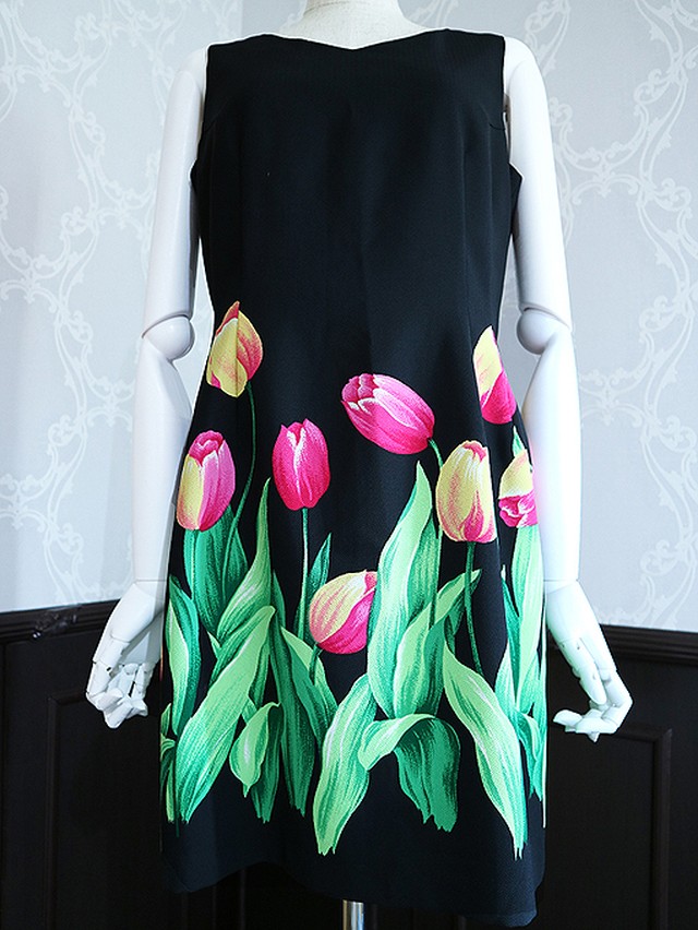 チューリップ柄ノースリーブブラックワンピース Jv Op 1010 Jvintage ジェイヴィンテージ