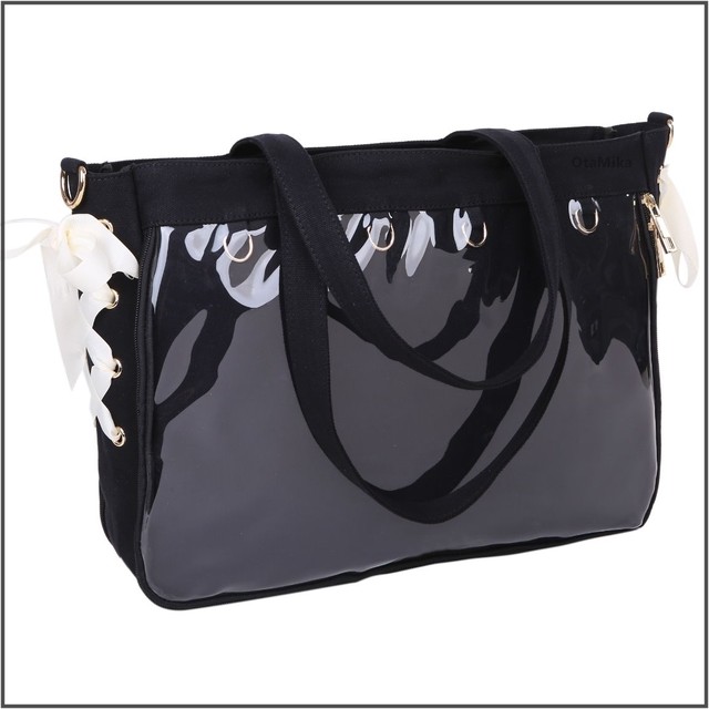 Otamika 痛バッグ ハート リボン レースアップ トート ショルダーバッグ 2way 両面 カスタマイズバッグ 推し愛 ブラック 黒 M Crew