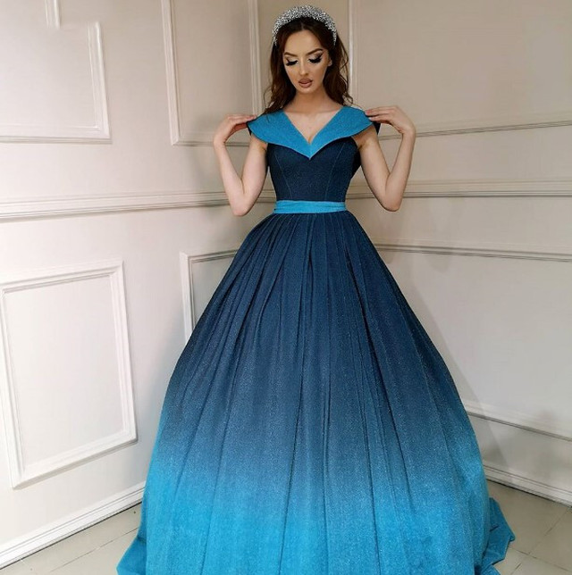 上品 パーティードレス 青 ブルー グラデーション Vネックドレス クラシカル 細見えシルエット Cinderelladress