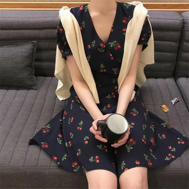 Floral Style ワンピース Sweet系 可愛い 学院風 カレッジ風 チェリー プリント セクシー ファッション 特売チャンネル