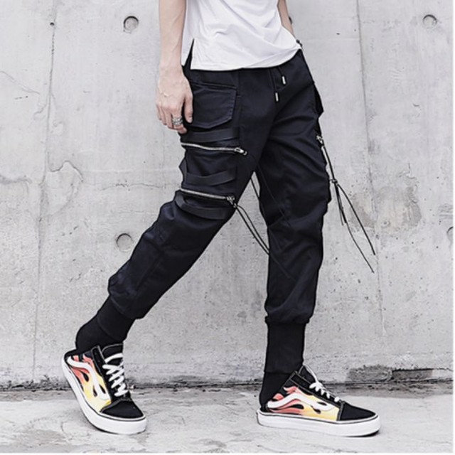 ハーレムパンツ ジッパー リボン ポケット アンクル丈 クロップド丈 9分丈 秋 春 冬 ローウエスト 裾リブ メンズ レディース ユニセックス 韓国 カジュアル シック 無地 ワントーン 黒 ブラック シック クール パンク モード お支払い後日以内に発送 Btm315 Garcons