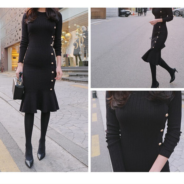 コピー 韓国 ワンピース ニットワンピース 黒 フレア リブニット フレアスカート Nshop1623
