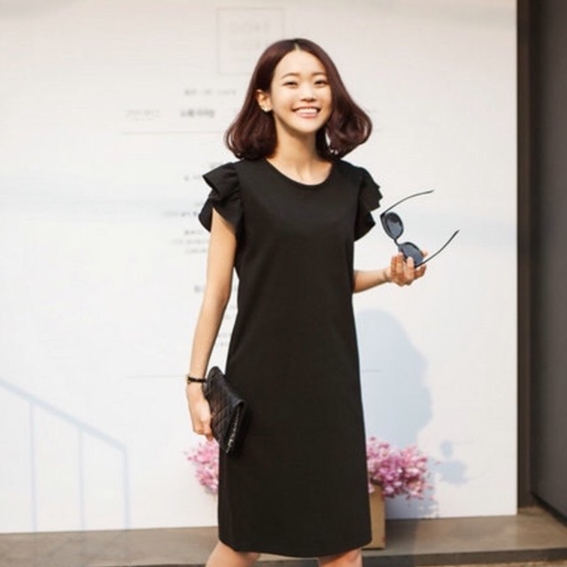 ワンピース 半袖 肩フリル パーティー お呼ばれ シンプル ひざ丈 フォーマル 黒 Uki Uki