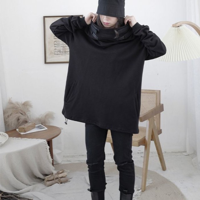 オフタートル ハイネック トレーナー スウェット パーカー フーディ フード ベルト ポケット 長袖 無地 オーバーサイズ ルーズフィット ブラック 黒 韓国 レディース メンズ ユニセックス カジュアル ストリート モード お支払い後日以内に発送 Top3 Garcons