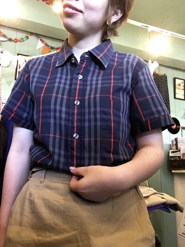 古着 ネイビー チェック柄 バーバリー 半袖 シャツ サイズ レディースm位 Burberry Check Shirt 陽気な古着屋frank