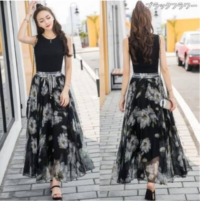 全5色 黒 ワンピース スカート 2way リゾートワンピ ロング丈 マキシ丈 レディース 夏 きれいめ カジュアル ボトムス ロングスカート ウエストゴム 楽ちん シフォン フレア ガーリー フェミニン 春夏 秋 大きいサイズ ピンク ブラック グレー グリーン 代 30代 40代 50代