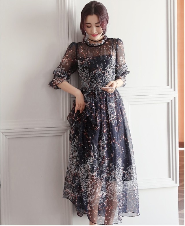 Drsb V0038 マキシ丈 ワンピース 花柄 シフォン ワンピース 長袖 結婚式 ドレス お呼ばれ ワンピース 袖あり パーティードレス 二次会 代 黒 19新作ドレス Onlythebestオンリーザベスト