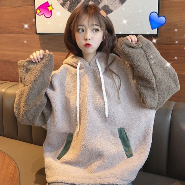 フェミニンコーデに もこもこ パーカー バイカラー レディース ガーリー トップス ドロップショルダー カジュアル オルチャン 韓国 秋冬 デイリー ゆったり Ptnym2731 Shop Suba