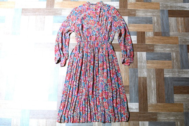 Vintage 花柄 バンドカラー プリーツ ワンピース 古着屋 Jeuudi For Lady S