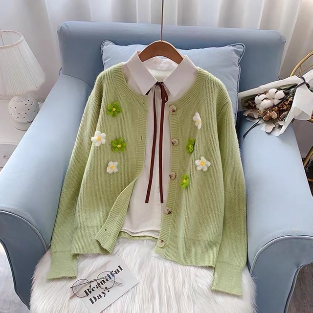 Outer 韓国系超人気清新人気デザイン刺繍花柄ラウンドネックカーディガン3色 Nanastyle