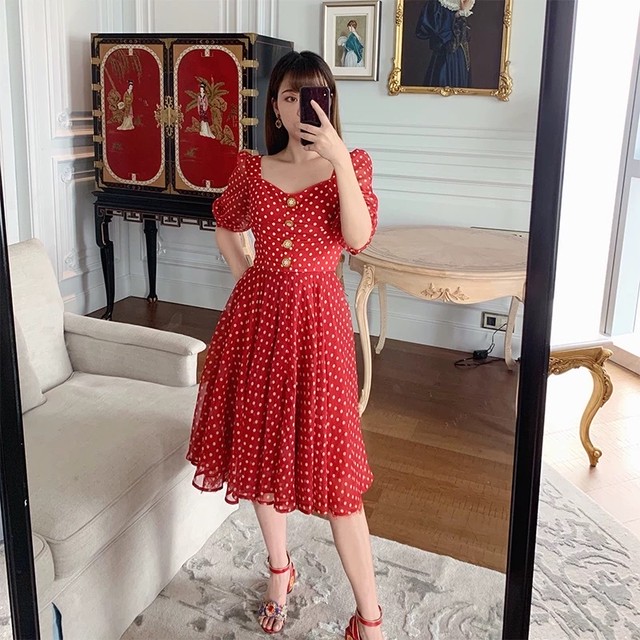 わずか 赤 ワンピース ドット 水玉 ワンピース ブラウス マキシ フレア スカート ボタン 花柄 Loveysmileshop