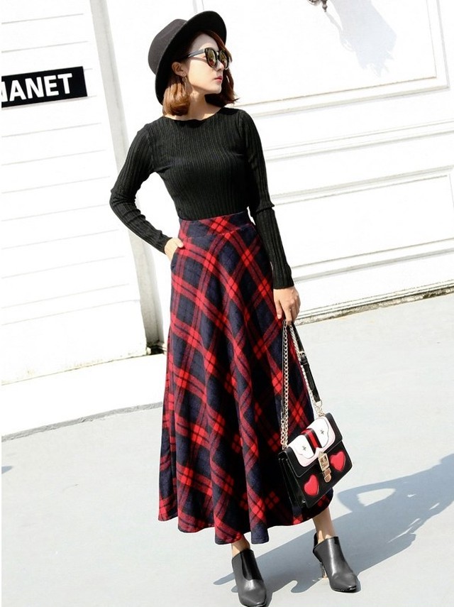 即納 送料無料 Aライン マキシスカート チェック柄 ハイウエスト あったか カジュアル ミモレ丈チェックスカート ブロックチェックスカート スカート ロング チェック ミディスカート チェック柄 ボトムス セール レディースアパレル Kosy