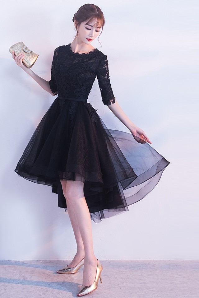 フィッシュテール 花柄レースがとってもエレガント アシンメトリーで差をつける ブラック フォーマルドレス 結婚式 ﾊﾟｰﾃｨｰ 二次会 お呼ばれ R077 Hollys Design