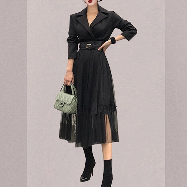 ワンピース レディース パーティドレス 代 韓国 結婚式 10代 30代 ミモレ丈 七分袖 プリーツワンピース 無地 Vネック 襟 およばれ カジュアル お洒落 ブラック ワンピの里