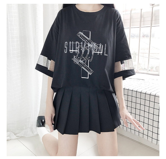 Tシャツ 7分袖 ピストル Survival プリント 病みかわいい オーバーサイズ オルチャン 原宿系 10代 代 Dressyなモード系 ゴシック専門店 Ladies Fashion Seasonz