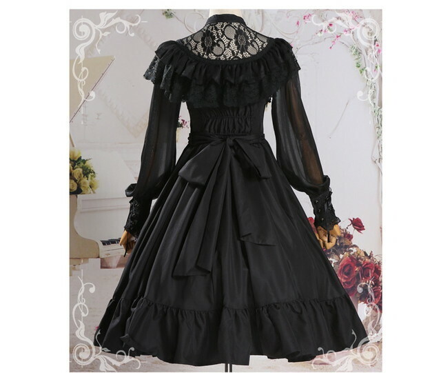 ワンピース ロング フリル レース フレア バックリボン ロリータ ゴシック ゴスロリ ドレス 大人 可愛い Ch0339 Girls Ladies Fashion ユーユアユー