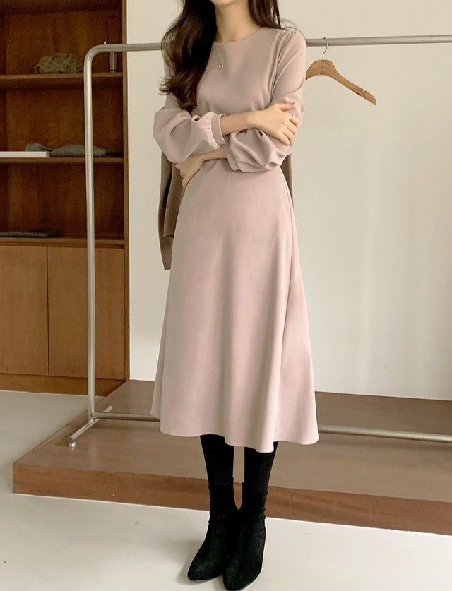 ウエスト切り替え ワンピース Aラインワンピース 長袖 ラウンドネック キレイめ エレガント 可愛い お出かけ お呼ばれ 秋 冬 Crystalhk