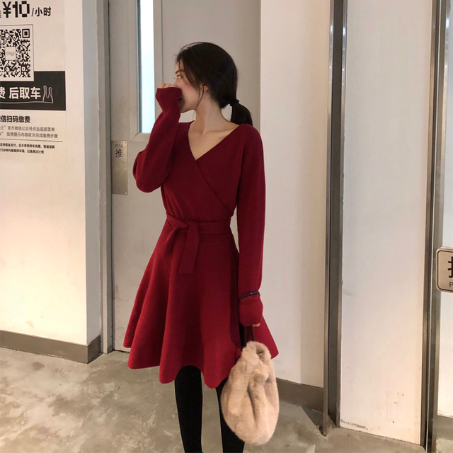 Vネック ニットワンピース ラップワンピース ワンピース 長袖 ウエストリボン レッド ニット 無地 冬 お出かけ デート ディナー お呼ばれ ガーリー Mh0794 Valentina210 Powered By Base