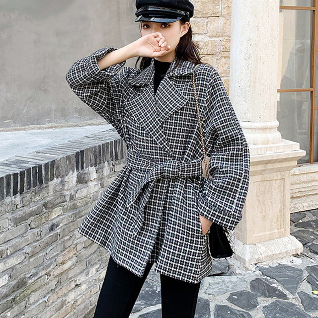 即納 チェック柄 ベルト付き ジャケット ロング丈 テーラード 上着 トレンチコート ピーコート レディース アウター M L 黒 ブラック Ns 1018 Daily Closet