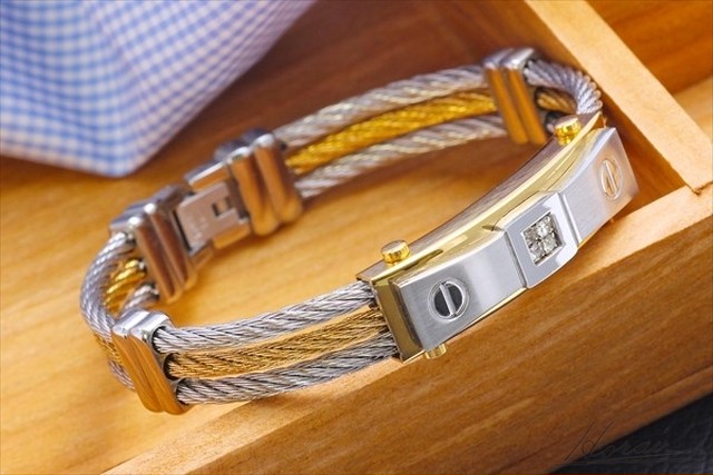 即納 メンズブレスレット ステレンス スワロフスキー ダイヤモンドcz イエローゴールド シルバー Horai