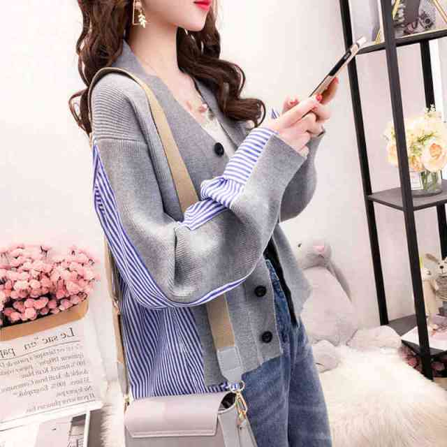 カーディガン レディース 薄手 長袖 カーデ ロングカーディガン 大きいサイズ レディース 羽織り Uv対策 ボタン トップス ストライプ柄 ドッキング 切り替え ユニーク チュニック丈 お出かけ 婦人服 ゆったり ゆるい ふんわり ニット 綿 Tresor