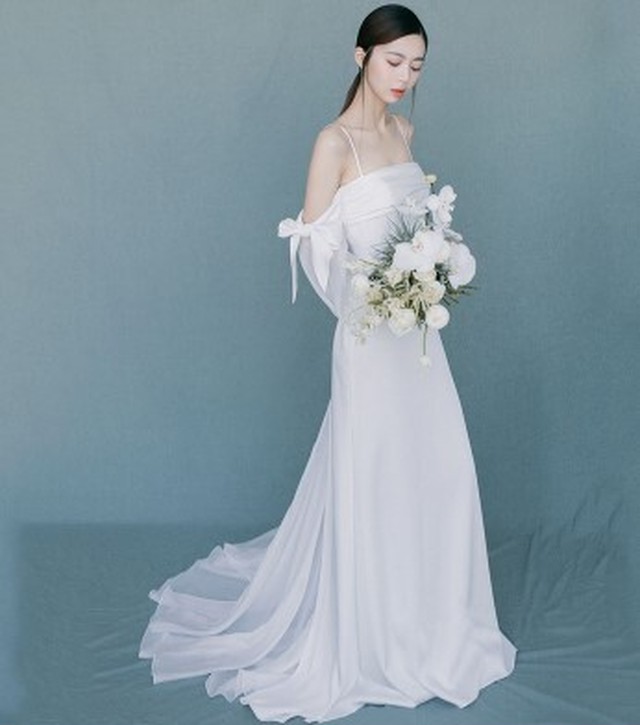 エレガント キャミソール リボン オフショルダー トレーン ウエディングドレス Ynswedding23