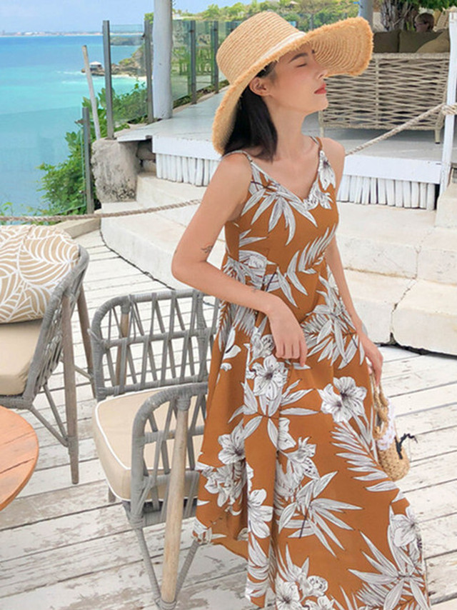 ボタニカルワンピース ボタニカル 花柄ワンピース 花柄 アースカラー ワンピース マキシ丈 ロング丈 キャメル セクシー バックコンシャス 夏 花柄 ウエストマーク リゾート ビーチ 大人 可愛い ガーリー 爽やか フェミニン デート 旅行 海 おしゃれ Ukiukionepicec