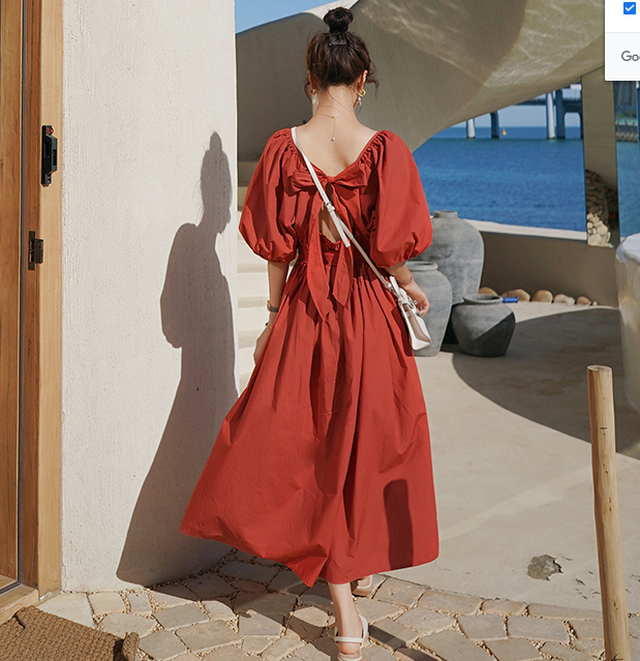 バックリボンワンピース テラコッタ ふんわり ゆったり 綿 ロング マキシ 涼しい リネン パフスリーブ リゾート 夏 ハイウエスト 10代 代 30代 40代 通勤 お出かけ ママ 自然 人気 Ma028 La Vie En Rose