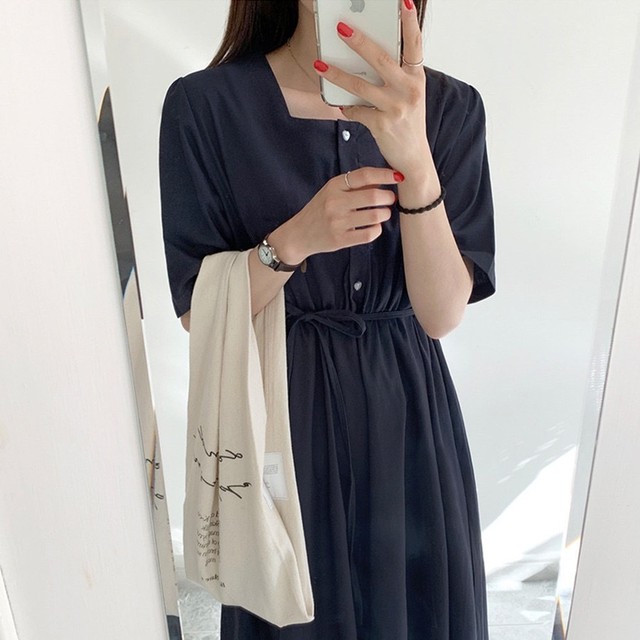 ハイウエスト切り替えで脚長効果 スクエアネック Aライン ワンピース バックリボン ロングワンピース 大人かわいい ピスタチオグリーン Solana ソラナ