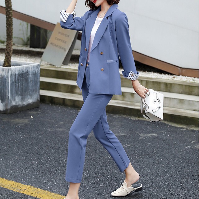 全3色 2点セット レディース スーツ 金wボタン 折返し袖 テーラード襟ジャケット パンツ セットアップ 長袖 ストライプ ブラック ブルー ピンク S M L Xl Favoriteselect