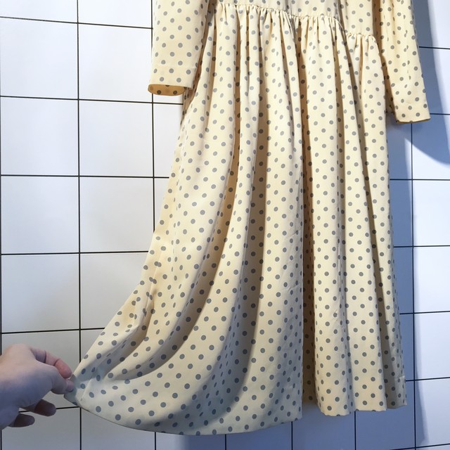 送料無料 80s Dot Pattern One Piece パステルカラー イエロー ドット柄 長袖 ロングワンピース ヴィンテージショップ Smoke