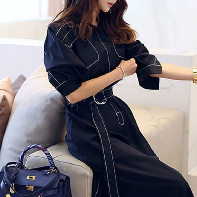 全2色 シャツワンピース 半袖 サイドスリット ひざ丈 ミディ丈 ハイウエスト ベルト付き きれいめ シンプル レトロ お出かけ お呼ばれ デート 女子会 デイリー 夏 カーキ ネイビー Like Fashion