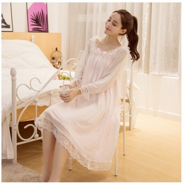 夏新作 ネグリジェ レディース 人気 姫 レース 膝丈 大人 可愛い 長袖 部屋着 ローブ オシャレ ルームウェア パジャマ 2色 Zhuzhuxiaya