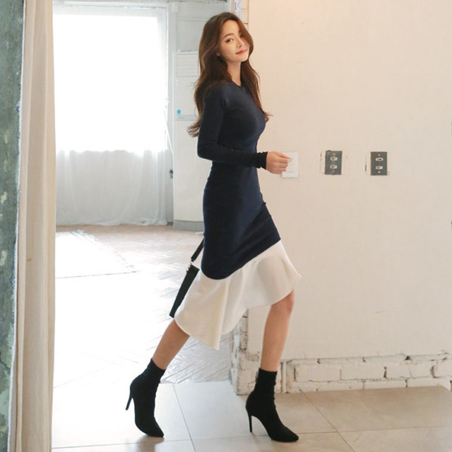 Nitoneb V0024 Cuteなフィッシュテールのニットワンピース 大人可愛い フェミニン 上品 清楚 ガーリー モード 膝丈 アシンメトリー デート 19新作ドレス Onlythebestオンリーザベスト