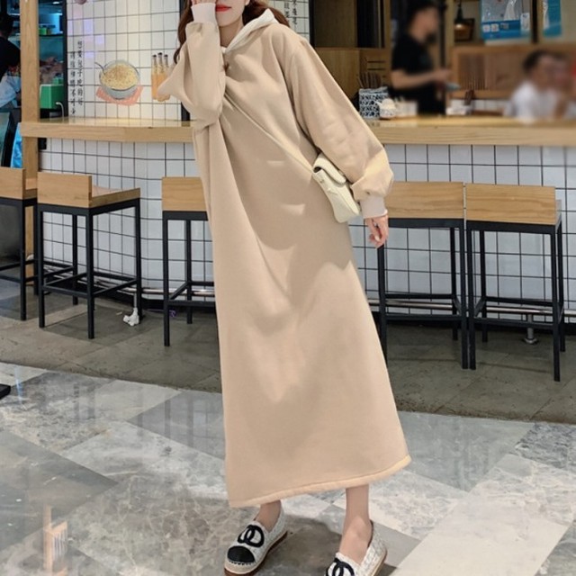 パーカーワンピース マキシ 韓国 ファッション レディース 冬 ロングパーカ スウェット ワンピース スエット バイカラー カラーブロック 冬服 レディース 裏ボア 裏起毛 冬ワンピース カジュアル リラックス ゆったり オーバーサイズ 冬 ルームウエア Vestito