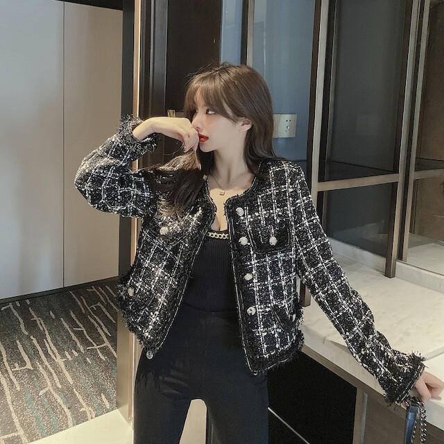 予約販売 ツイードジャケット レディース ジャケット レディース 秋冬 ツイード ノーカラー ボレロ カジュアル チェック カーキ ブラック M L Favoriteselect