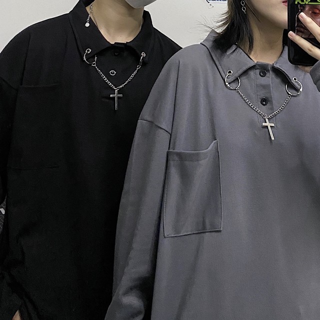 ゴスロリ系 ｔシャツ 長袖 十字架ネックチェーン ユニセックス 病み可愛い ストリート系 オルチャン 原宿系 10代 代 天使と悪魔 サブカル系 ファッション Seasonz