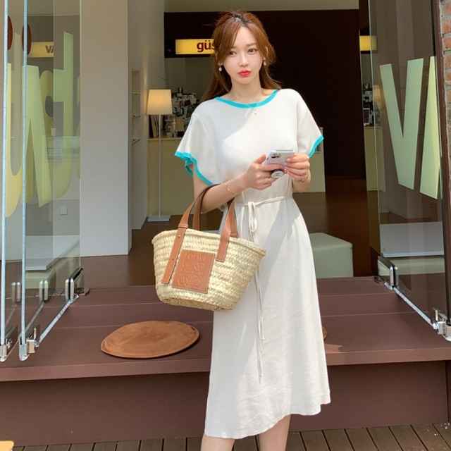 ワンピース レディース 膝丈ミモレ丈 ミディアム ニット ワンピース ニットワンピ カジュアル 半袖 大きいサイズ 春 夏 秋 ワンピ フェミニン ガーリー ナチュラル バイカラー Aライン ウエストマーク 体型カバー おしゃれ 綺麗 Tresor