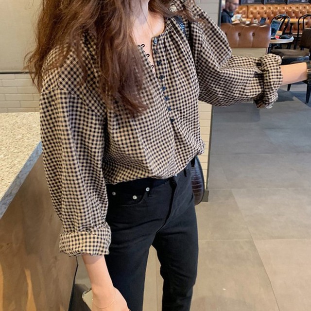 おしゃれ トップス シャツ カジュアル 薄手 トップス 長袖 シャツ レディース チェック スクエアネック ボタン ブラウス 春秋 ゆったり 韓国風 ネット通販 購入 激安 10代 代 30代 40代 春 夏 秋 Roprot ロプロット ファッション レディースアパレル販売