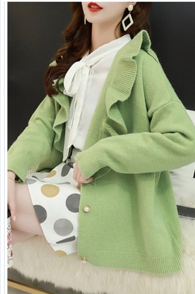 ゆめかわいい トップス ニット カーディガン セーター 原宿系 ゆめかわ パール オルチャン ストリート 韓国 ビッグカラー 大人 フリル 秋 Basecamp49