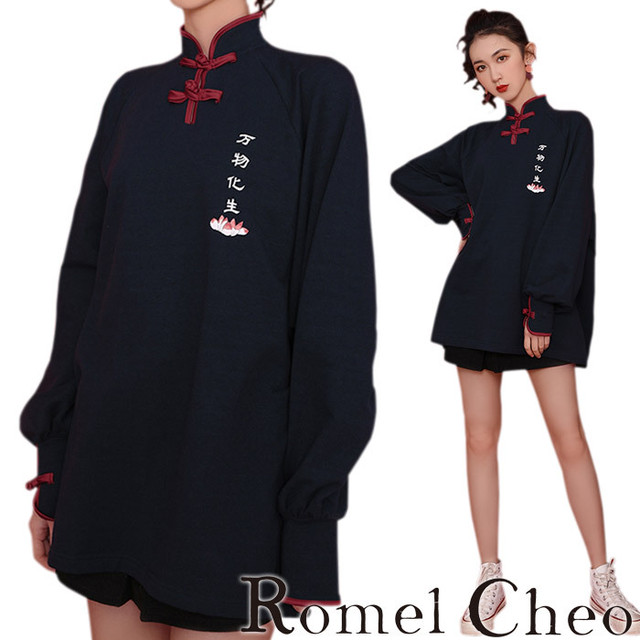 お支払い確認後日以内発送 Romelcheo 龍柄モダンチャイナシャツ チャイナワンピ チャイナドレス チャイナボタン ミニワンピース ボリューム袖 プルオーバー ベーシック ドラゴン 長袖 アジアン エスニック 民族風 原宿系 ガーリー 青文字系 レディース モード系