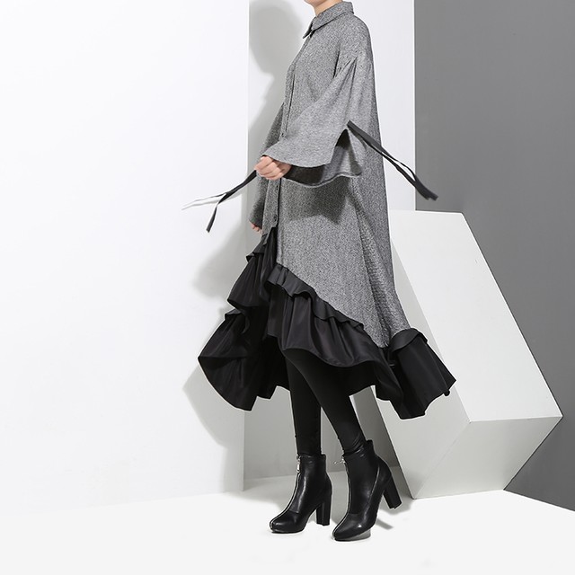 不規則デザイン シャツワンピース 袖ストラップ 袖紐 アシメ 韓国ファッション レディース ワンピース アシンメトリー プリーツ 大人カジュアル 大人可愛い ガーリー Lapel Pleated Big Hem Shirt Ruffled Dress 韓国レディースファッション通販 Stella Mococo