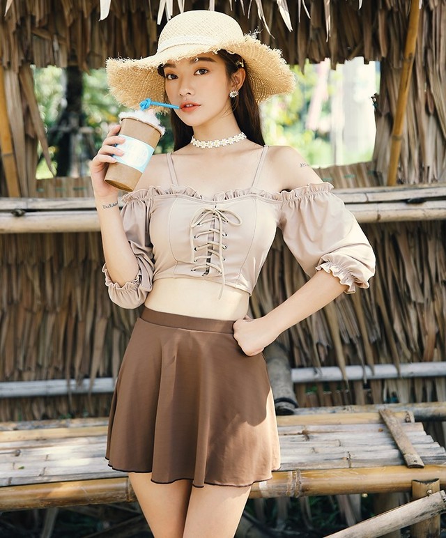 タンキニ 水着 オフショルダー スカート ブラウン レースアップ リゾート California Express