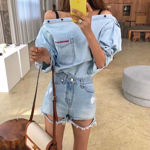 レディース トップス 長袖 オフショルダー デニムシャツ 肩出し 肌見せ ゆったり オフショルボタンデザイントップス 上品 シャツ カットソー ボタン デニム 春夏 Officewalaa オフィスワラア レディースファッション スタイル