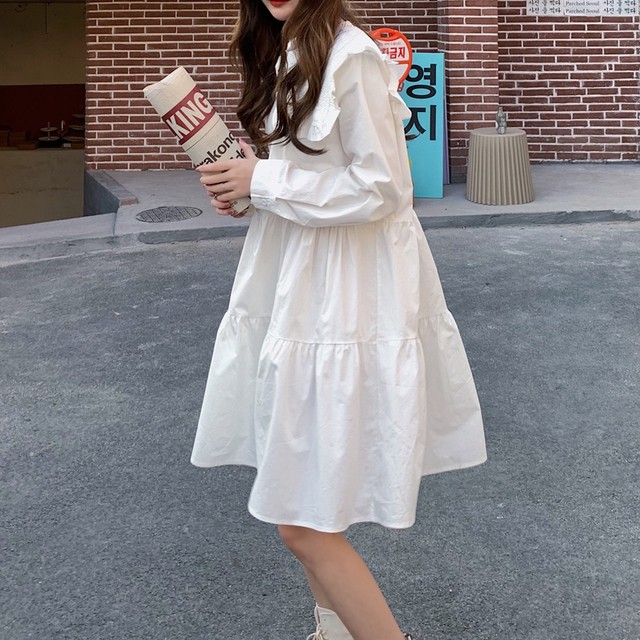 ビッグカラーティアードワンピース Aライン ショート丈 フェミニン ガーリー ロマンティック ドールカラー 春夏 お出かけ デート 女子会 デイリー 長袖 ハイウエスト トレンド 無地 Arroser