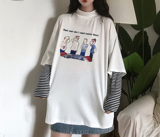 トップス ボーダー ロンt Tシャツ ハイネック 人プリント レイヤード風 重ね着風 ストリート カジュアル スポーティ ガーリー メンズライク 黒 白 グレー Prism One プリズム ワン