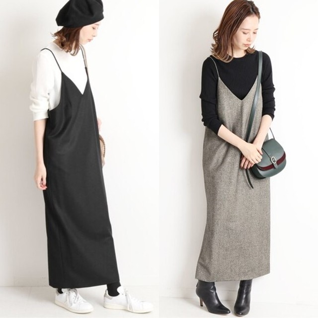 サロペットスカート ロング 秋冬 レディース 韓国 ファッション レディース キャミワンピース 秋服 レイヤードワンピース サロペット ワンピース レディース サロペット ロングワンピース グレー 黒 Vestito
