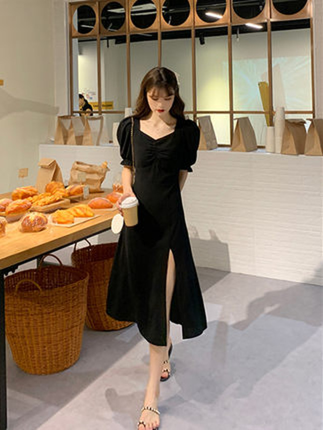 ロングワンピース ワンピ 韓国 コーデ きれいめ 40代 30代 代 ロング丈 スリット 無地 キャンディスリーブ フレア ハートネック 大人 可愛い Dress No Sato