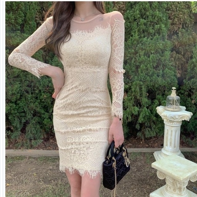 大人 ワンピース タイト 膝丈 ベージュ レースドレス タイト 膝丈 大人 上品 パーティードレス 二次会 お呼ばれ レースワンピース 結婚式 Basecamp49