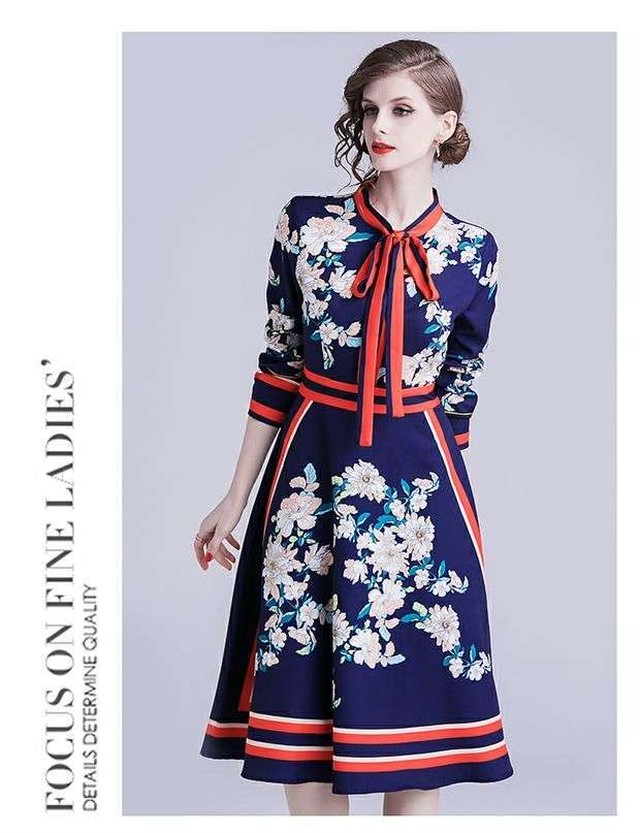 花柄ワンピース リボン ボウタイ ハイウエスト おしゃれ おでかけ パーティー フリフリ フリル I1392 Bshop